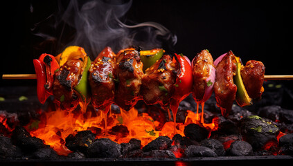 Spice up your senses with this fiery scene as hot chili marinade cascades over skewered kebabs, promising an explosion of flavor and heat. Generative AI.