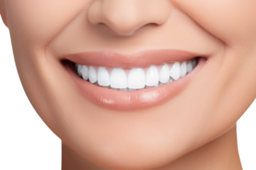 Close-up of Senior woman perfect white teeth with a shade guide the bleach color isolated on transparent background.