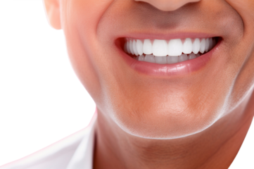 Close-up of Senior male perfect white teeth with a shade guide the bleach color isolated on transparent background.