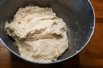 The beginning of the bread making process.  Dough before it is kneaded.