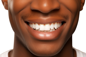 Close-up of black male perfect white teeth with a shade guide the bleach color isolated on transparent background.
