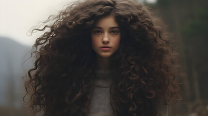 Fototapeta premium brunette girl huge mountain giant sized head and a tiny tiny body curly brunette hair
