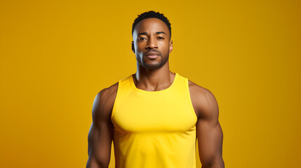 a confident man wearing a marathon tank top posing for a professional apparel shooting, hd portrait shot with leica camera, plain yellow background