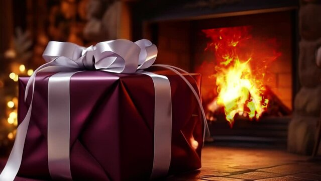 Warm christmas home fireplace video with christmas present wrapped in matte copper gift wrap with silver bow in foreground of fireplace with burning wood log (video contains AI generated images)