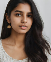 Naklejka premium Close-up Portrait of a Young South Asian Woman with Dermatological Acne and Freckles, Exuding Calmness and Elegance, Perfect for Skincare and Natural Beauty Themes