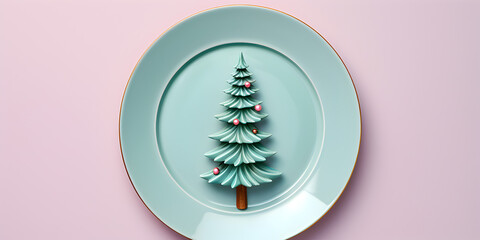 A dining set with silverware photographed from above adorned with New Year's motifs, in the style of a festive atmosphere with cheerful, bold, and vibrant colors