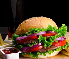 Burger served in bun in nutrition fast food concept