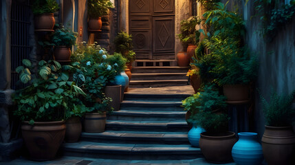 steps leading to open door and potted plants, in the style of dark turquoise and indigo, french countryside