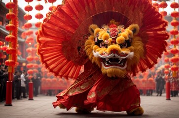 Obraz premium Chinese traditional lion dance performance in the Forbidden City.