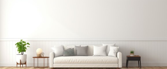 Interior living room wall mockup with sofa chair, side table and hanging lights on white wall background with wooden flooring