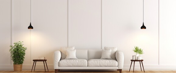 Interior living room wall mockup with sofa chair, side table and hanging lights on white wall background with wooden flooring