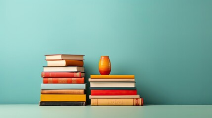 pile of books on minimalistic background or stock of books for world book day background