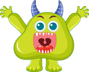 Happy Green Monster with Horn Cartoon Character