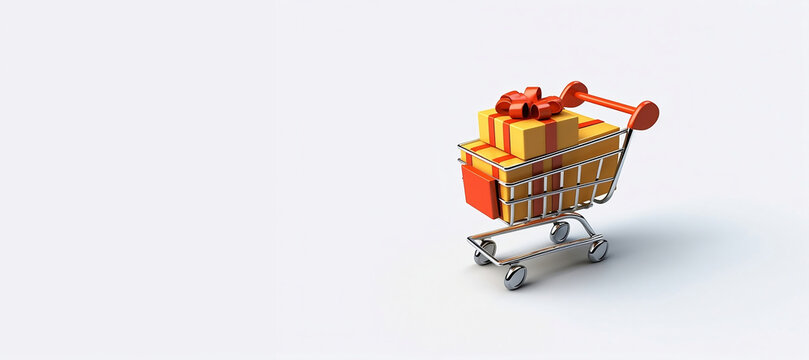 Supermarket cart with yellow gift boxes with red ribbons. E commerce. Generative AI.