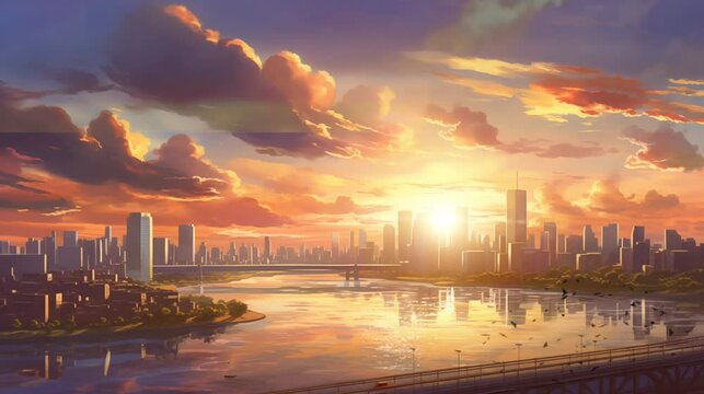 Experience the serene beauty of the Han River in a cartoon-inspired scene. Animated clouds drift across the sky as the sun sets over the cityscape, Ai Generated