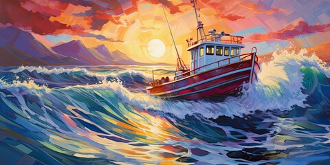a painting of a boat riding a wave in the ocean, in the style of light red and violet, colorful muralist, generative AI