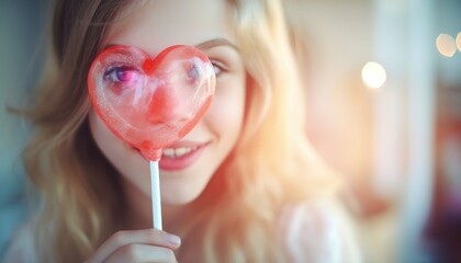 defocused girl eating heart lollypop. Happiness enjoy people party valentine day blurred
