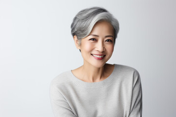 Beautiful grey hair asian woman smiling with smooth face skin. - obrazy, fototapety, plakaty