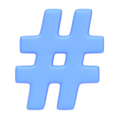 Blue hashtag symbol isolated on white background. 3D icon, sign and symbol. Cartoon minimal style. Front view. 3D Render Illustration