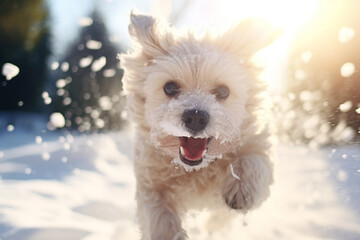 Cute dog playing and run in snow