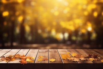Empty wooden top table with blurred autumn background.