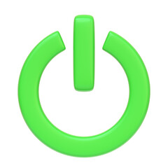 Power On green button isolated on white background. 3D icon, sign and symbol. Cartoon minimal style. Front view. 3D Render Illustration