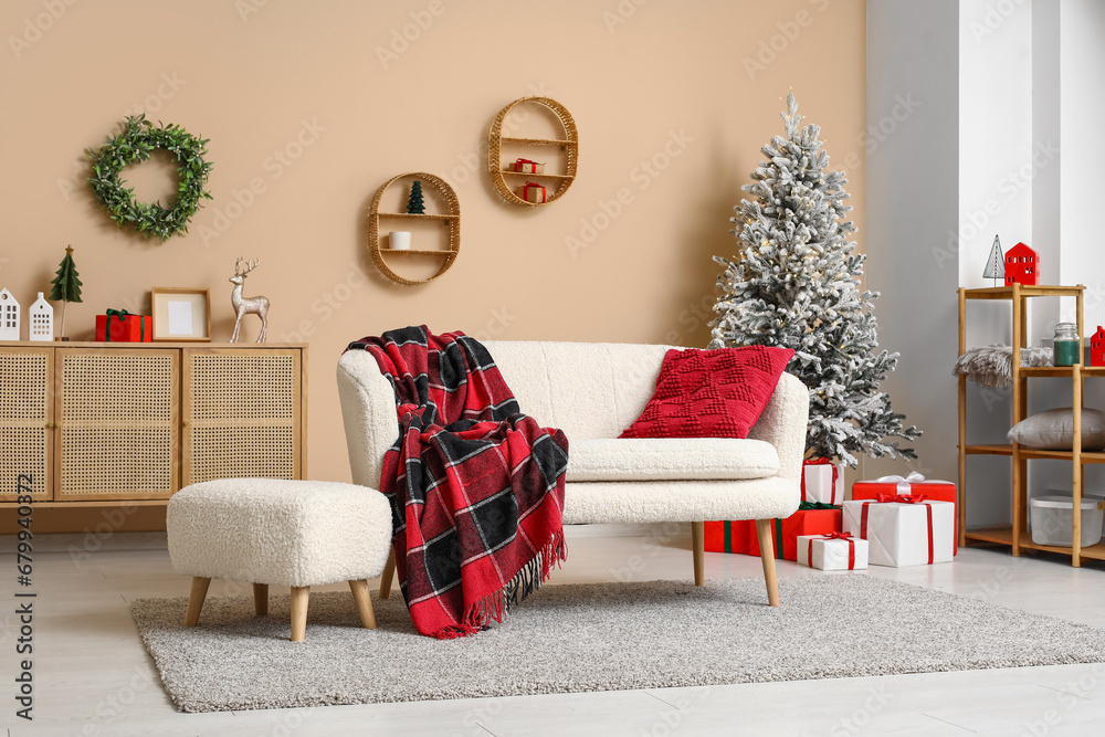 Sticker Stylish interior of modern living room with Christmas tree and gifts