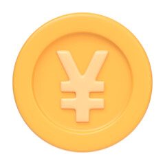 Golden coin with yen sign isolated on white background. 3D icon, sign and symbol. Cartoon minimal style. Front view. 3D Render Illustration