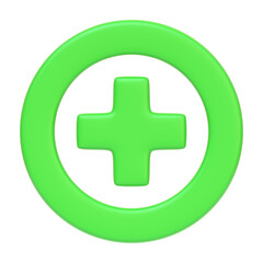 Green plus symbol isolated on white background. 3D icon, sign and symbol. Cartoon minimal style. Front view. 3D Render Illustration
