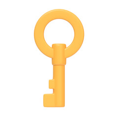 Golden key isolated on white background. 3D icon, sign and symbol. Cartoon minimal style. Front view. 3D Render Illustration