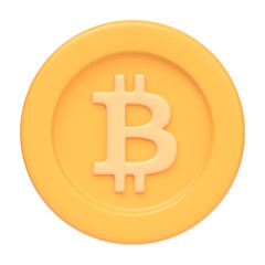 Bitcoin token isolated on white background. 3D icon, sign and symbol. Cartoon minimal style. Front view. 3D Render Illustration