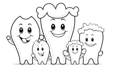  Black and white illustration of teeth family isolated on white background