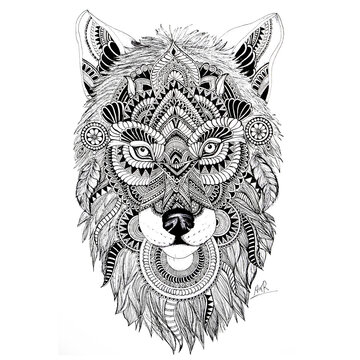 wolf mandala art pen art drawing, black and white art