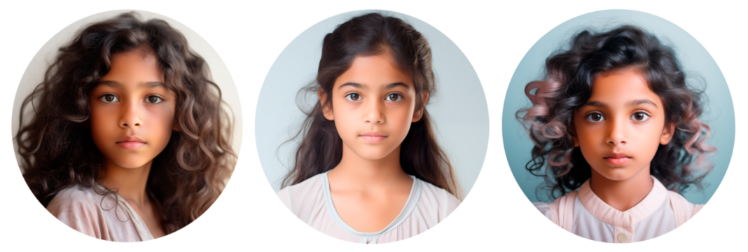 Collage of portraits of little Indian girls. A set of portraits of modern Indian children in a circle for the userpic and avatar. Isolated on a transparent background.