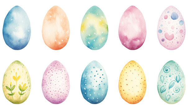 Collection of various painted watercolor eggs on white background