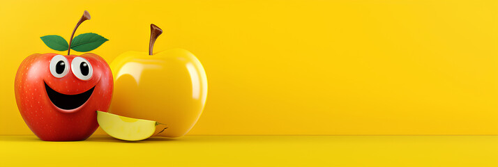 Funny apple character standing with arms akimbo on a yellow background, advertising banner, web banner, Place for your text, copy space, empty space, Generative AI - obrazy, fototapety, plakaty