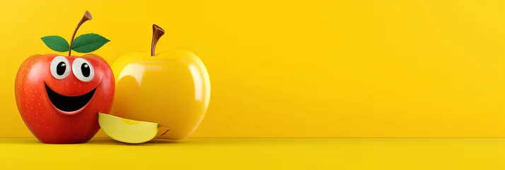 Foto op Plexiglas Funny apple character standing with arms akimbo on a yellow background, advertising banner, web banner, Place for your text, copy space, empty space, Generative AI © mizan