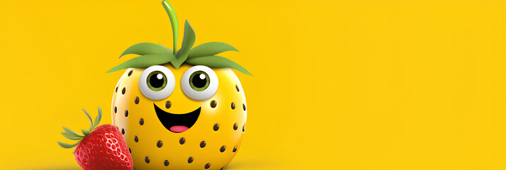 Funny strawberry character standing with arms akimbo on a yellow background, advertising banner, web banner, Place for your text, copy space, empty space, Generative AI