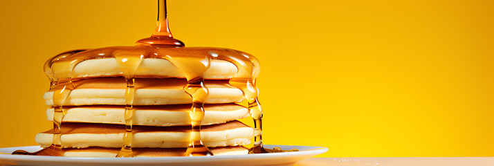 Fototapeta na wymiar Pancakes with syrup being poured on top on a yellow background, advertising banner, web banner, Place for your text, copy space, empty space, Generative AI