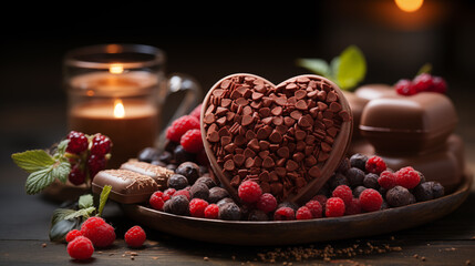 heart shaped chocolate cake with berries