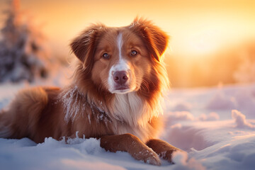 Dog playing and running in snow with morning light