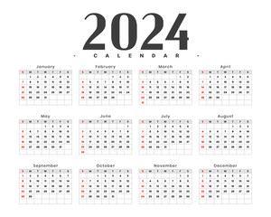 minimal 2024 new year calendar template with months and dates design