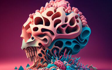 illustration of an abstract human brain on a pink and blue pastel background. Brain illustration of a side-view scene in pastel color. Ideal for education websites and magazine layouts.