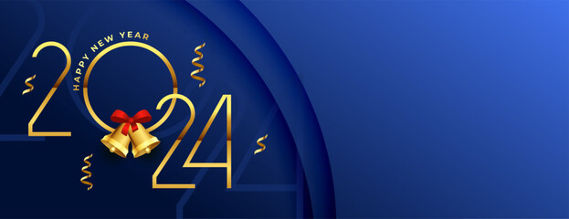 happy new year 2024 celebration banner with golden bell design