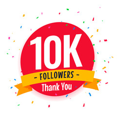 10000 followers social media celebration thank you template with colorful confetti - obrazy, fototapety, plakaty