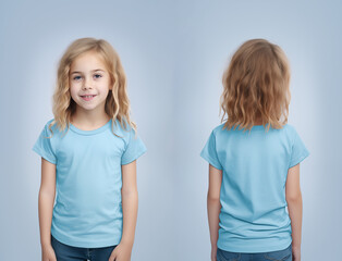 Front and back views of a little girl wearing a blue T-shirt