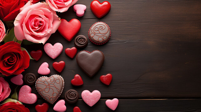 roses and chocolate hearts HD 8K wallpaper Stock Photographic Image 