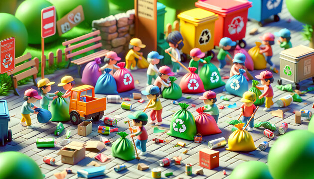 A Colorful 3D Illustration of Small Figurines Collecting Trash and Depositing it Into Bags. Generative AI. 4K Wallpaper