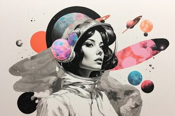 Contemporary minimal collage art. Sketch cosmic girl in creative. space. Pop zine culture