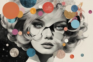 Contemporary minimal collage art. Sketch cosmic girl in creative. space. Pop zine culture